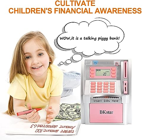 Image of BKstar Kids Talking Pink ATM Piggy Bank with Debit Cards, Power-Off Memory, Auto-Opening Drawer for Real Money for Girls, Onekey Shutdown, Bill Feeder, Coin Recognition, Balance Calculator Machine