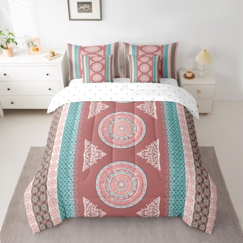 Image of Boho Decor Bohemian Bed in a Bag Queen Comforter Set 7-Piece,Paisley Flower Mandala Bedding Sets Moroccan Medallion Aztec Comforter and Sheet Set Ethnic Tribal Exotic Striped European Red Brown Green