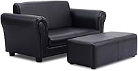Costzon 2-in-1 Kids Couch with Footstool - Double Seat PU Leather Toddler Sofa, Armrest Lounge for Boys Girls Playroom Bedroom (Black)
