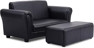 Costzon 2-in-1 Kids Couch with Footstool - Double Seat PU Leather Toddler Sofa, Armrest Lounge for Boys Girls Playroom Bedroom (Black)