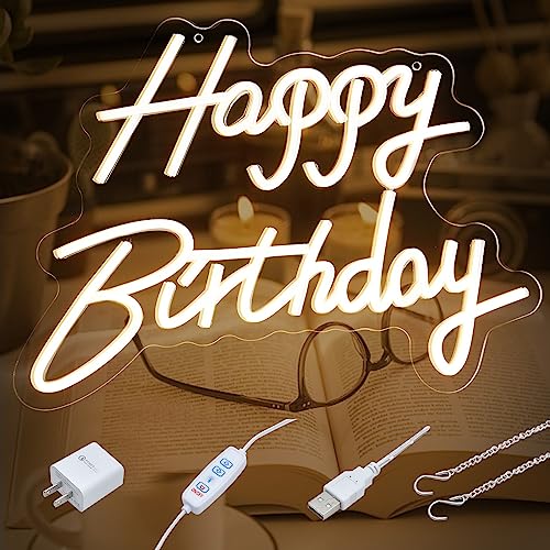 Happy Birthday Neon Sign with Dimmer,Happy Birthday Light Up Sign,Neon Happy Birthday Sign for Backdrop,LED Neon Sign Happy Birthday for Party Wall Decor (Warm White) Size:L16.9 H12.6 inch