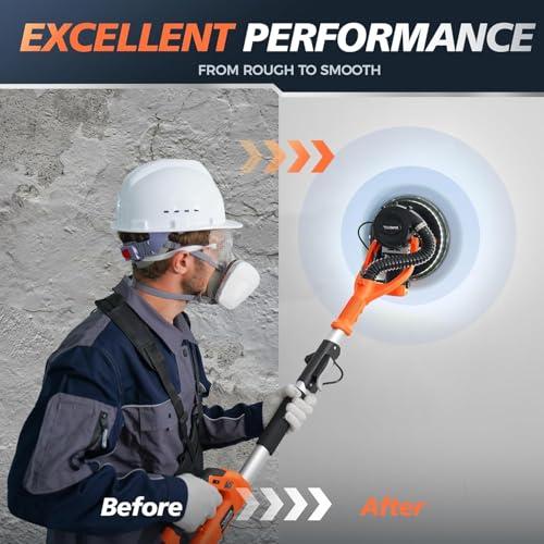 Drywall Sander with Vacuum Dust Collector, 1050W 7.33A Popcorn Ceiling Removal Tool, LED Light, 5 Variable Speed 1000-2100RPM, Foldable & Extendable Handle, 12 Sanding Discs by MAKELIFT - Image 6