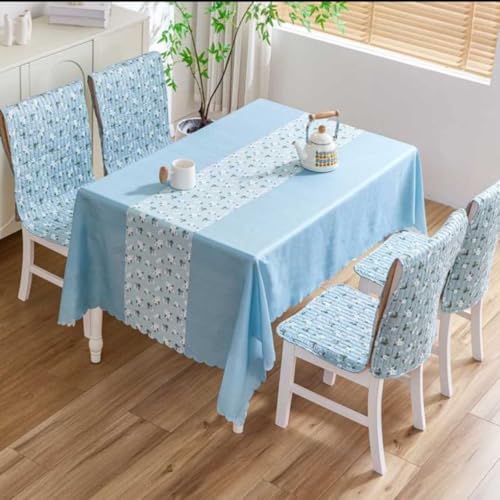 Image of HOMETHREADS Premium Cotton Chair Cover Set | Soft & Comfortable Seat Covers with Anti-Skid Non-Slip Backing + Waterproof Dining Table Cover (140x180 cm) (Beige Blue, 4 Chair Covers + 1 Table Cover)