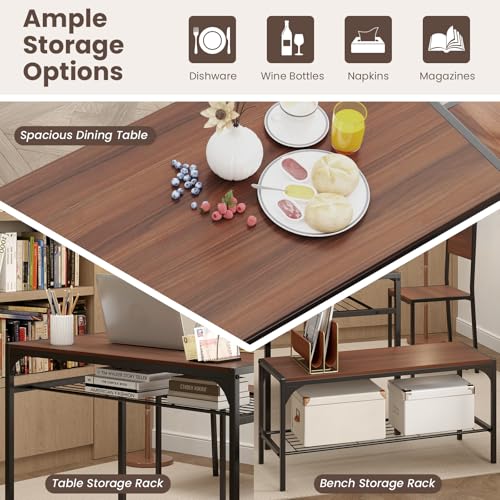 Image of Giantex Dining Table Set for 4, Kitchen Table with Chairs & Bench, Storage Racks, Metal Frame, 4-Piece Space-Saving Dinette Set for Dining Room, Breakfast Nook, Small Space, Apartment, Walnut