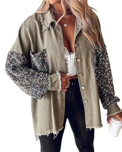 CHICME Womens Denim Jacket 2025 Sequin Patchwork Long Sleeve Jackets Top Button Front Oversized Denim Shacket