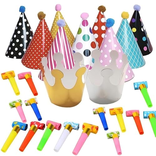 Colorful Birthday Party Hats and Blowers, Lovely Cake Cone Birthday Paper Hats Fun Cone Hats and Multi-Colour Whistles Crowns for Children Girls Boys Adults Birthdays Christmas New Year Party