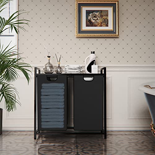 Amhancible Laundry Basket,Laundry Hamper Double,Laundry Sorter 2 Section,2 Removable Oxford Fabric Bags 48L X 2（13 X 2Gal), Steel Frame And Top Shelf,28.7 X 11.8 X 28.5 Inch,Rustic Brown/Black #TOP2