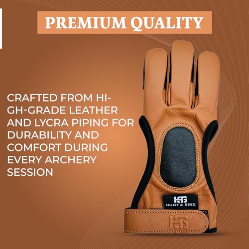 Hunt & Seek Cow Leather Three Finger Archery Glove for Recurve & Compound Bow – Finger Tab Accessory (Windsor Tan, Small)