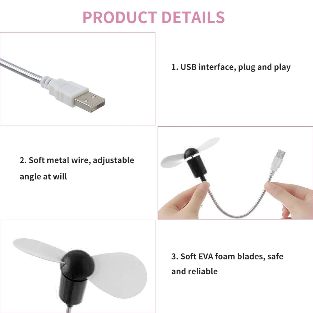 Lot De 4 Ventilateurs USB Portables Mini - Cou Flexible Réglable, 4 Couleurs (Noir, Blanc, Rose, Bleu) - Idéal Bureau, Voyage Et Power Bank