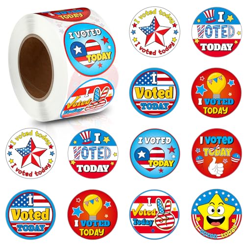 Tenceur 1 Roll/ 500 Pcs I Voted Stickers 2026 for Kids 1.5 Inch Round Self Adhesive Labels Voting Stickers for Election Day Decoration Classroom Voting Supplies 8 Designs