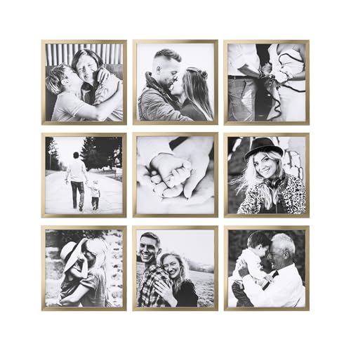 ArtbyHannah Photo Collage Frames for Wall, 8x8 Inch Square Picture Frame for Living Room or Staircase Decoration (Gold, 9 Pack)