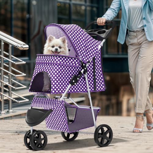Image of Magshion 3-Wheel Pet Stroller, Foldable Travel Jogger for Small & Medium Dogs & Cats (Up to 33lbs), Lightweight Carrier with Breathable Mesh Cover, Cup Holder & Storage Basket, Purple Polka Dots