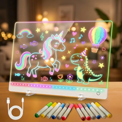 Rechargeable LED Drawing Board for Kids - 17' Flicker-Free Glow Doodle Drawing Pad with 11-Color Light Modes, Soft Light Dry Erase Note Board with Stand, Hanging Chain, 12 Markers, Gifts for Kids