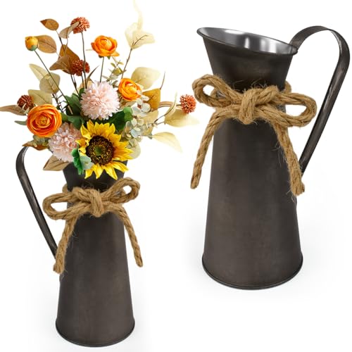 ASOUUNLD 2 Jarrones para Flores Metal Estilo Rústico, Jarron Metalico para Leche Galvanizado Vintage Shabby Chic Florero de Leche Decorativo Retro Decoración Campestre para el Hogar, Bodas