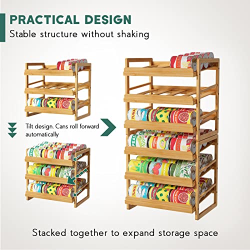 Yumkfoi Bamboo Can Organizer for Pantry, 3 Tier Stackable Can Storage Organizer Pantry with Label Sticker and Marker Pen, Can Holders for Cabinet and Can Rack Organizer (Natural Bamboo) - Thumbnail 4