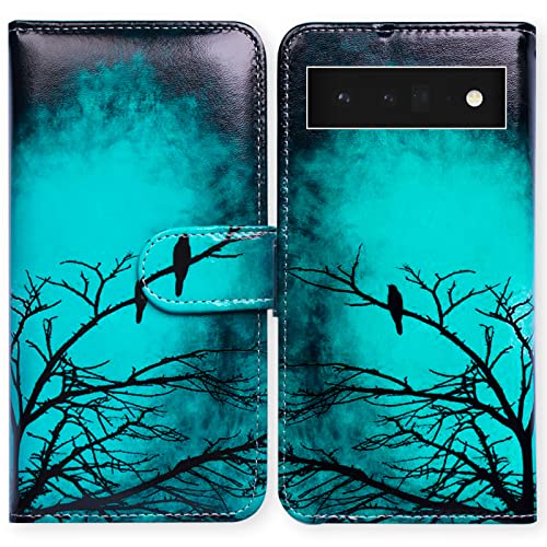 Bcov Pixel 6 Pro Case, Black Bird Green Leather Flip Phone Case Wallet Cover with Card Slot Holder Kickstand for Google Pixel 6 Pro
