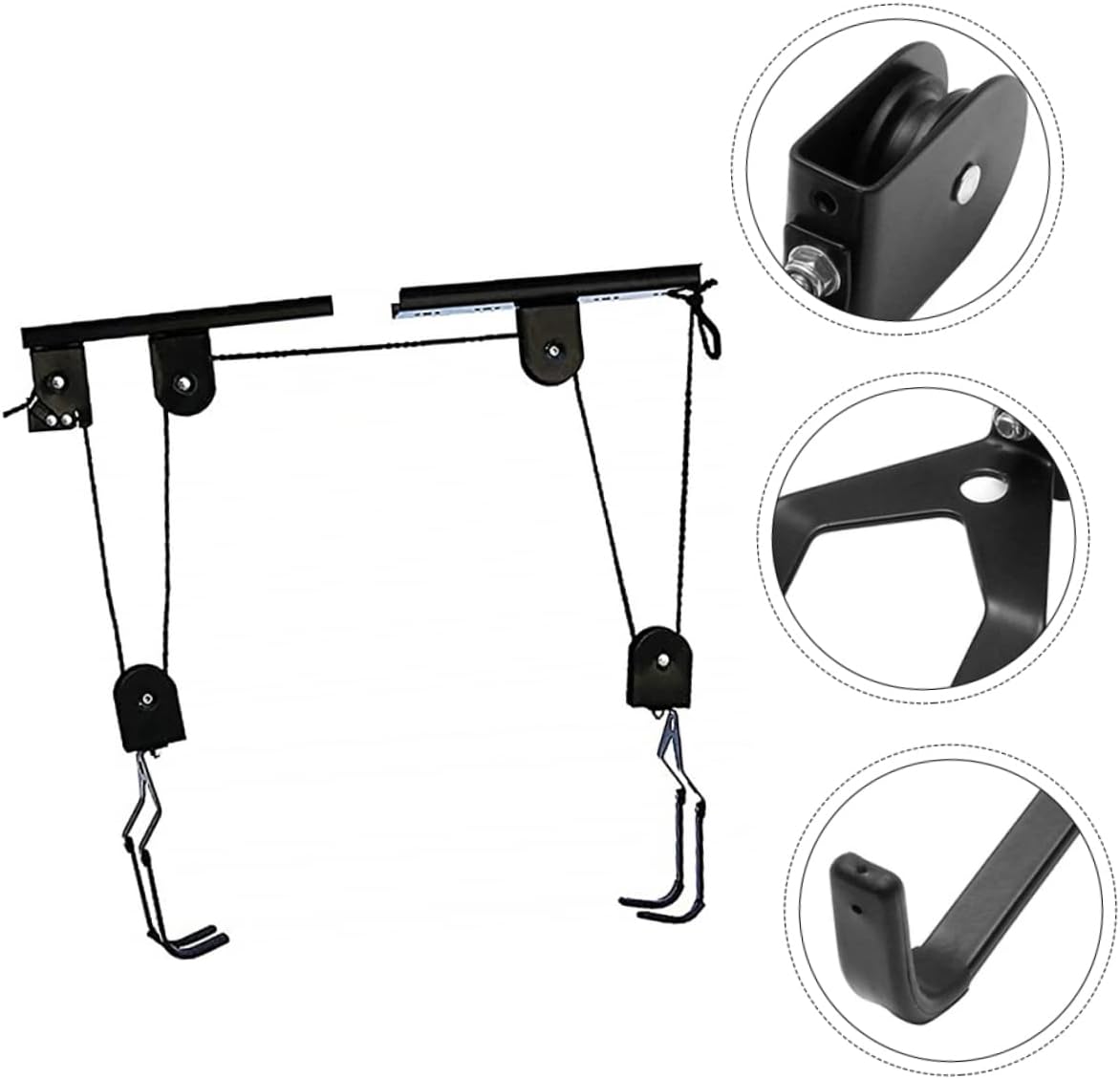 GANAZONO 1Set Ceiling Hook Bike Hoist Lift Storage Mounted Hanging Rack for Garage Optimizes Space with Smooth Pulleys Locks to Securely Store Heavy Bikes