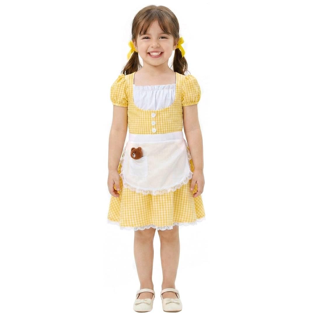 Girls Porridge Girl Costume - XLarge - Yellow Gingham Fairytale Dress with White Apron and Plush Bear Accessory - Classic Storybook Character Fancy Dress for World Book Day