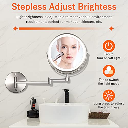 Wall Mounted Lighted Makeup Mirror 8 Inch 1X 10X Magnification With 3 Color Led Lights, Rechargeable Dimmable Magnifying Vanity Mirror, Extendable Arm 360° Swivel Bathroom Mirror, Brushed Nickel #TOP5