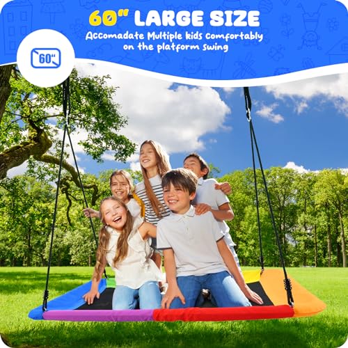 Image of Trekassy 60 inch Rectangle Platform Tree Swing for Kids Adults, 700lb Capacity Outdoor Giant Swing, 900D Oxford Waterproof Flat Swings with 2 Hanging Straps for Backyard - Rainbow (Patented)