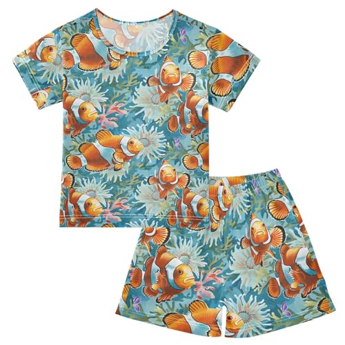 ALAZA Clownfish Coral Reef Ocean Pajamas Short Sleeve 2 Piece Sleepwear Top and Bottom Pajama Set Unisex