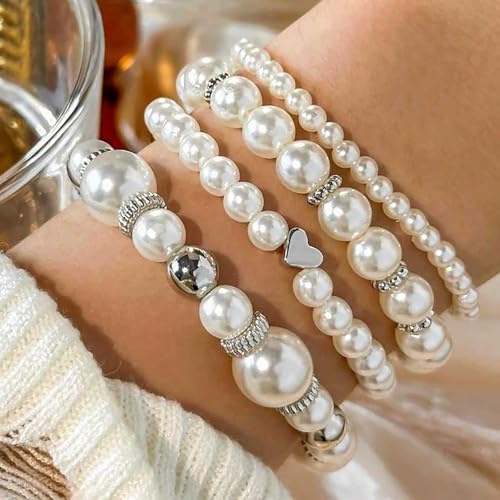 Vintage Layered Pearl Bracelet Gold Pearl Chain Bracelet Pearls Bangle Bracelets Elastic Heart Bracelets Pearls Hand Chain Jewelry for Women2