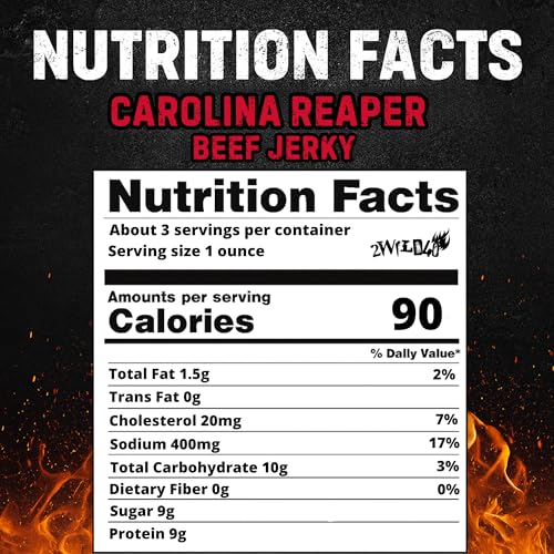 Image of Carolina Reaper Beef Jerky - Premium Brisket Cuts | Extreme Heat | 27g of Protein Per Bag | Small Batch, Real Carolina Reaper & Ghost Pepper Infused | 2WILD4U: Eat If You Dare - 6 ounces total (Pack of 2 bags, 3 ounces each)