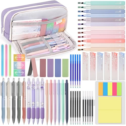 DazSpirit 61 Piezas Material Escolar Estético con Estuche Grande, 12 Subrayadores Pastel, 4 Boligrafos Borrable, 5 Boligrafos Gel, 6 Portaminas, Set De Papelería Para Estudiantes Journaling (Púrpura)