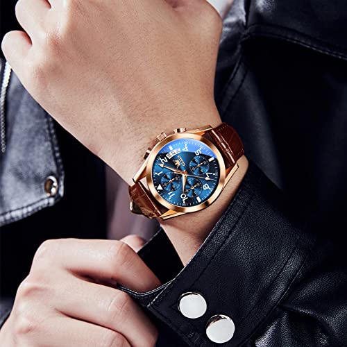 Image of OLEVS Men's Watches Leather Strap Analog Quartz Watch, Fashion Big Dial Date Waterproof Watch, Dress Luxury Luminous Men Watches, Blue Face /Brown Leather Strap, round, Quartz Watch