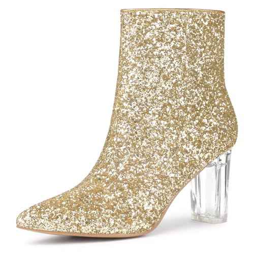 Allegra K Allegra K Women's Clear Block Heel Glitter Gold Ankle Boots 5.5 m US