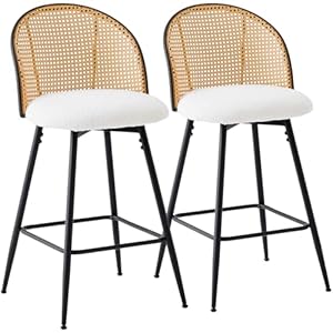 Counter Height Bar Stools Set of 2, 360° Swivel Upholstered Barstools with Rattan Full Back and Metal Legs, Boucle Fabric Seat, 26" Mid Century Modern Counter Stool Kitchen Island Bar Chairs, White Counter Height Bar Stools Set of 2 360 Swivel Upholstered Barstools with Rattan Full Back and Metal Legs Boucle Fabric Seat 26 Mid Century Modern Counter Stool Kitchen Island Bar Chairs White