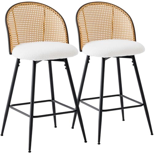 Counter-Height-Bar-Stools-Set-of-2-360-Swivel-Upholstered-Barstools-with-Rattan-Full-Back-and-Metal-Legs-Boucle-Fabric-Seat-26-Mid-Century-Modern-Counter-Stool-Kitchen-Island-Bar-Chairs-White Counter Height Bar Stools Set of 2 360 Swivel Upholstered Barstools with Rattan Full Back and Metal Legs Boucle Fabric Seat 26 Mid Century Modern Counter Stool Kitchen Island Bar Chairs White