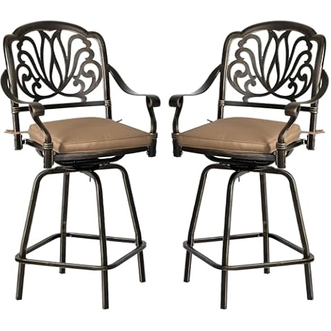 Grepatio Outdoor Cast Aluminum Swivel Bar Stools Set of 2, Patio Height Bartools Chairs, 2 Piece Patio High Dining Bistro Chairs for Garden Backyard with Khaki Cushion Cover