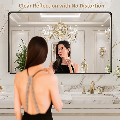 LOAAO 40x24 Inch Black Metal Framed Bathroom Mirror for Wall, Matte Black Bathroom Vanity Mirror Farmhouse, Large Rounded Rectangle Mirror, Anti-Rust, Hangs Horizontally or Vertically