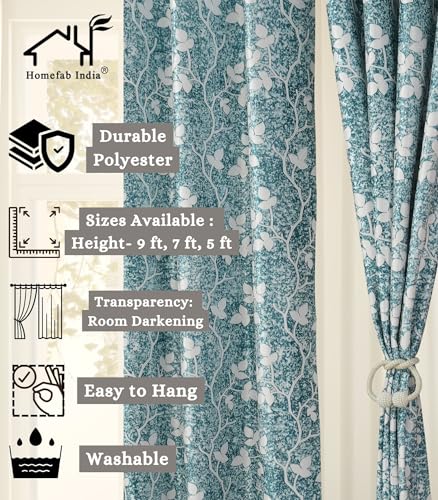 Image of Homefab India 2 Piece Polyester Printed Curtains Room Darkening Panel - Long Door 9 feet, Petals Blue Curtain