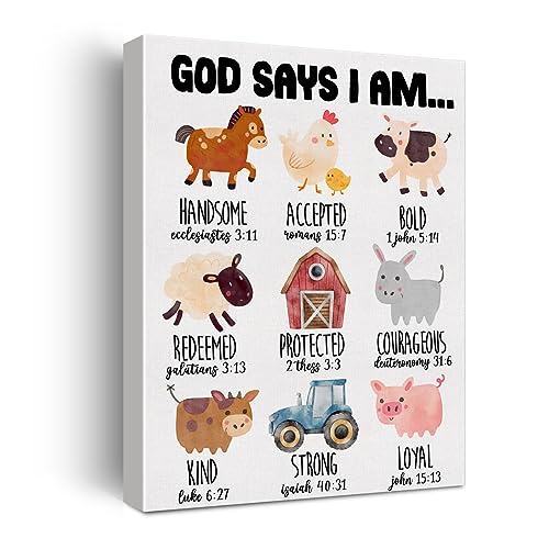 Image of Hijie Inspirational Motivational God Says I Am Poster Canvas Wall Art for Nursery Home Decor Christian Farm Animals Canvas Print Painting Ready to Hang Gifts - Easel & Hanging Hook 12x15 Inch