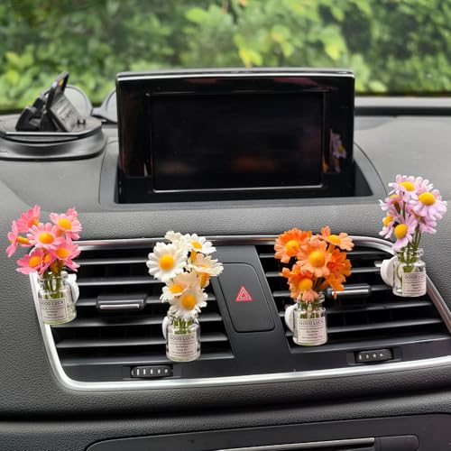 Image of Set of 4 Cute Flower Bouquet Car Air Freshener Vent Clips, Mini Artificial Flowers for Car Air Vent Decoration, Auto Interior Dashboard Ornament Accessories (Daisy)