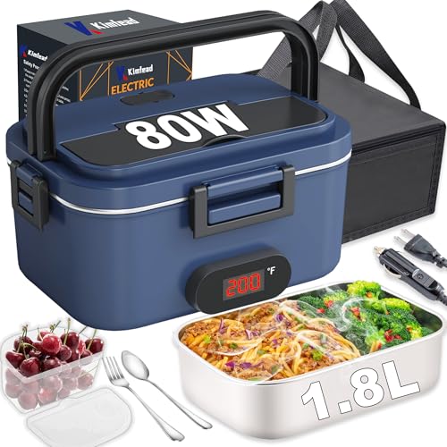 Kimfead Fiambrera eléctrica para adultos, con indicador de temperatura, 80 W, calefacción, azul, 1,8 l, portátil, para trabajo/coche, camión, 110 V/12 V/24 V, tenedor