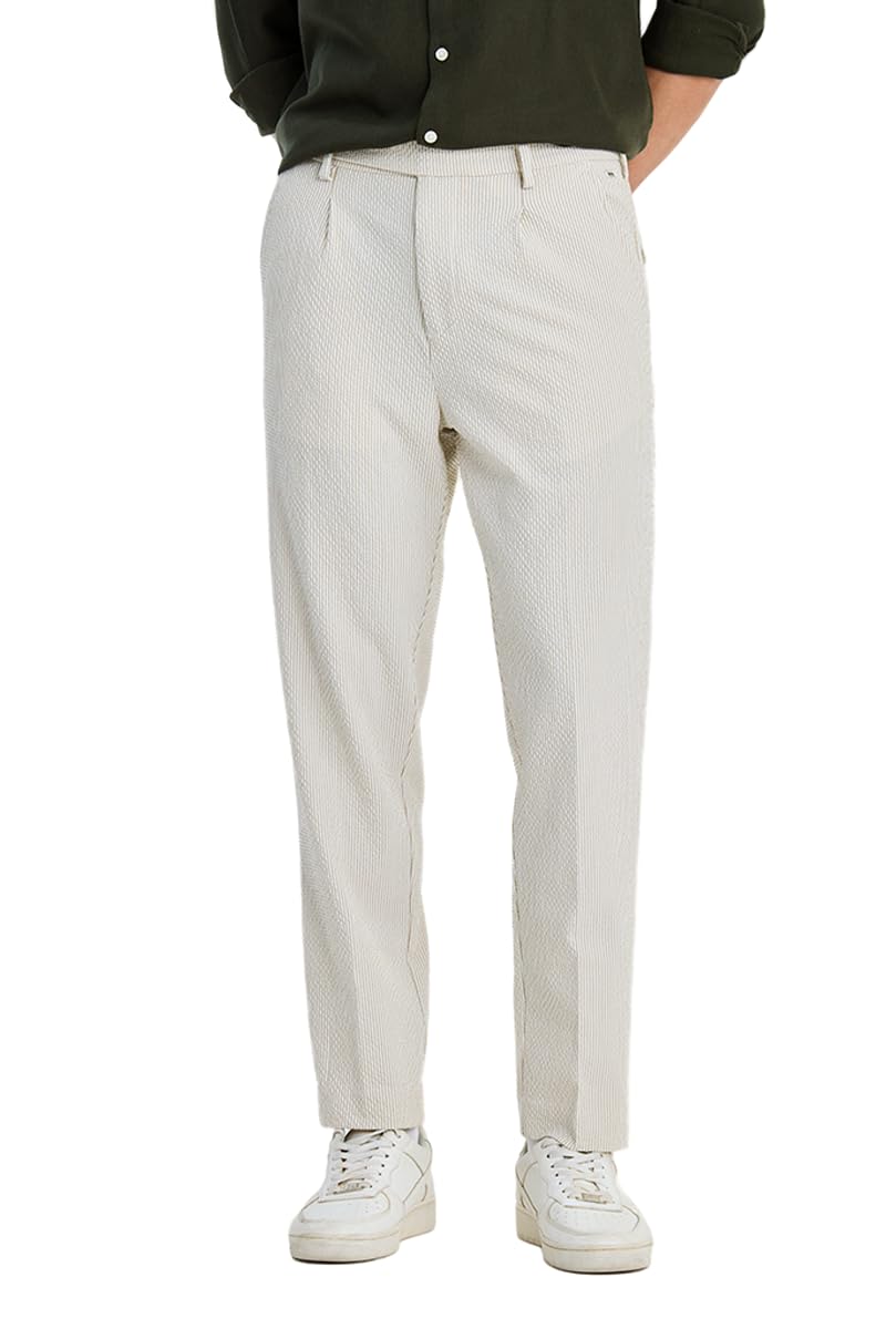 Luxe Men Trousers Formal Relaxed Fit Fine Vertical Stripes Ankle Length Pleated Front | Polyester Blend Stretchable Fabric for Office-image-24