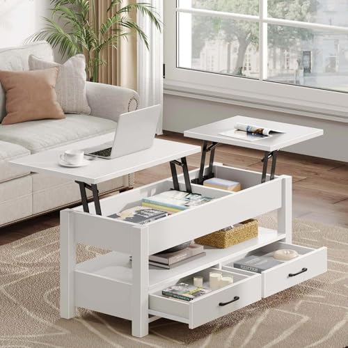 Rolanstar Table Basse en Bois avec Plateau Relevable, Table de Salon avec 2 Tiroirs, Grand Rangement Caché et Compartiment Ouvert, Style Moderne pour Salon,...
