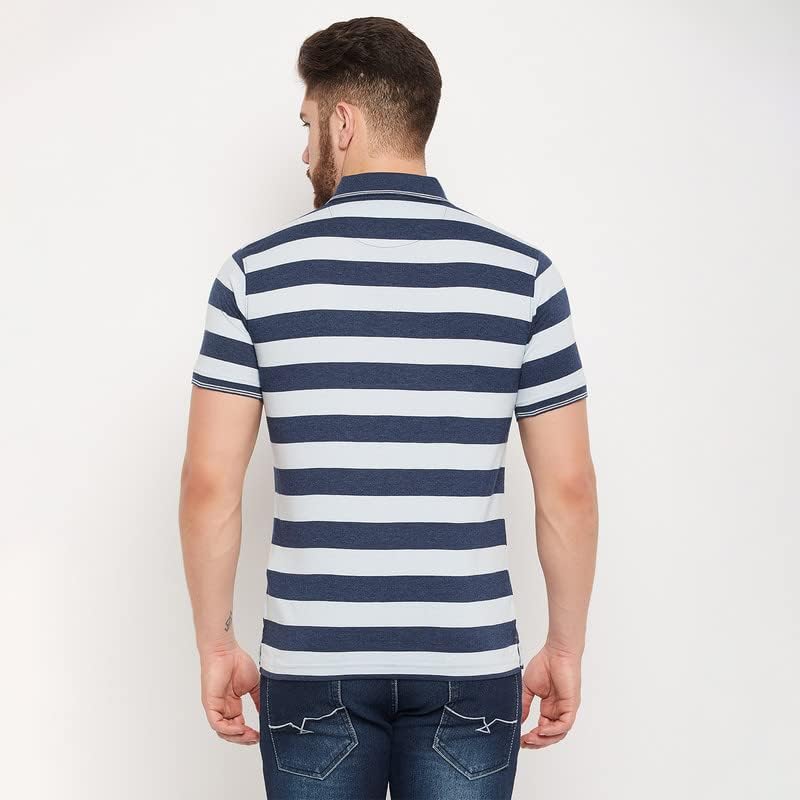 Image of Cantabil T-Shirt for Men l Breathable & Soft with Color Fastness Regular Fit Polo Neck Cotton Blend Fabric Striped Pattern