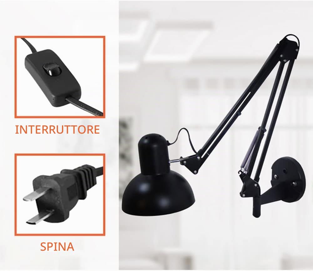 Lampada da parete a braccio oscillante industriale nera, lampada da parete regolabile a braccio lungo, lampada in alluminio, doppio braccio pieghevole, architetto, montaggio a parete, illuminazione
