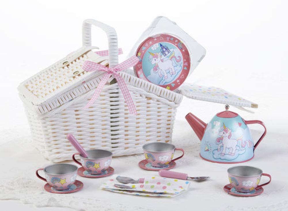 Tin 18 Pc Tea Set in Basket, Unicorn