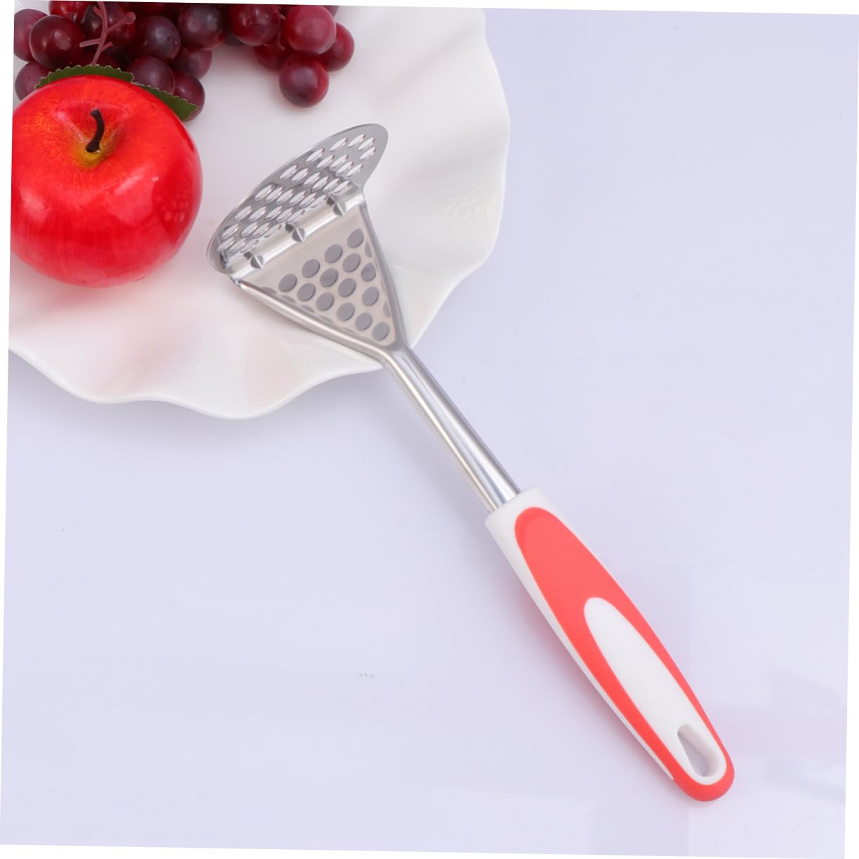 OFFSCH Stainless Steel Vegetable Masher with Plastic Handle Potato Ricer and Food Pressing Tool for Mashed Fruits and Vegetables Kitchen Gadget Orange Red