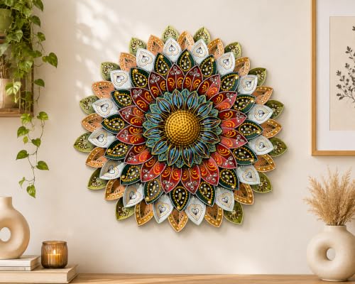 Image of SETHI AESTHETIC Metal Sunflower Wall Decor - Artistic Metal Wall Art Antique Rainbow Finish Stylish Daisy Flower Wall Art, Decorative Wall Decor for Living Room, Foyer, Home Decor, Size 54X54 CM (Metallic Rajasthani Heritage)