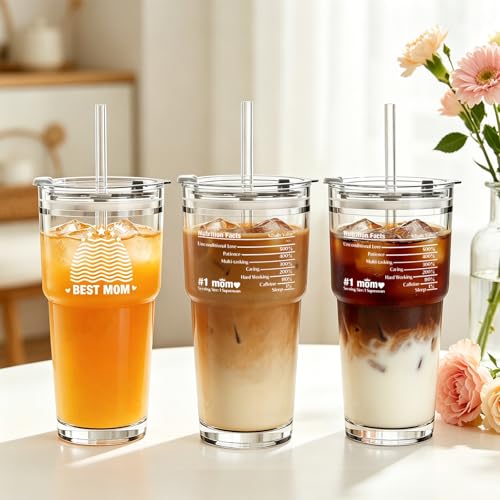 INSETLAN Mother’s Day Gifts from Daughter or Son – 20oz Mama Glass Cup with Lids and Straws, Gift Ideas for Women, Best Mom, New Mom, Cute Aesthetic 2-Sided Printed Iced Coffee Cup (1 Pack) — view 2