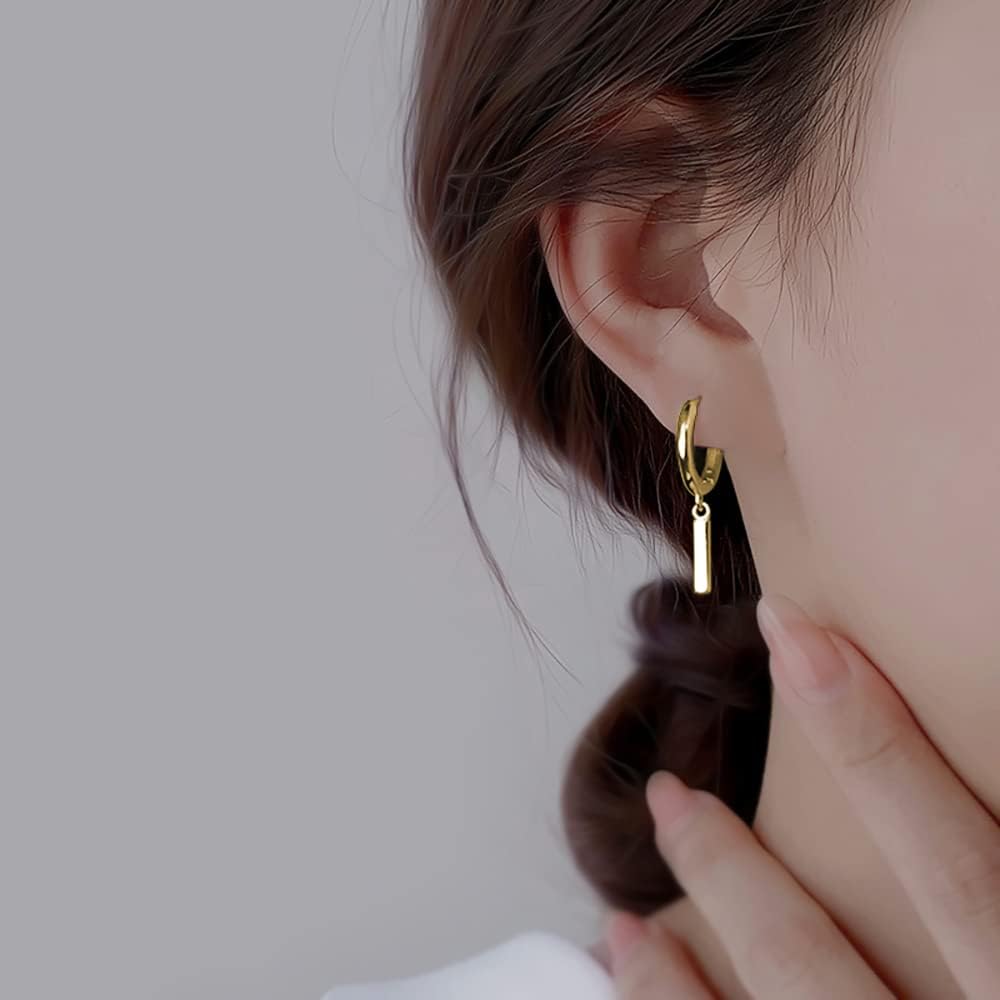 Reffeer Solid 925 Sterling Silver Bar Drop Hoop Earrings for Women Teen Girls Minimalist Bar Hoop Earrings Huggie