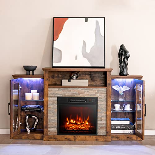 Tangkula Electric Fireplace TV Stand, Electric Fireplace Mantel with 16-Color Led Lights, Adjustable Glass Shelves, Remote & Smart APP Control, TV Console for Living Room