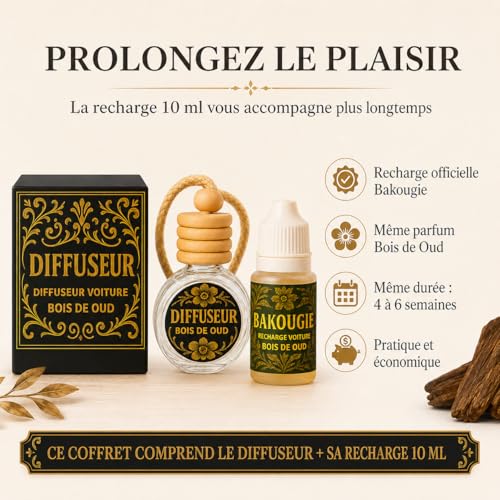Bakougie Diffuseur Voiture Bois de Oud + Recharge 10 ml, Désodorisant Voiture à Suspendre, Parfum Auto Boisé Élégant, Jusqu’à 8 à 12 Semaines, Base Végétale – vue 7