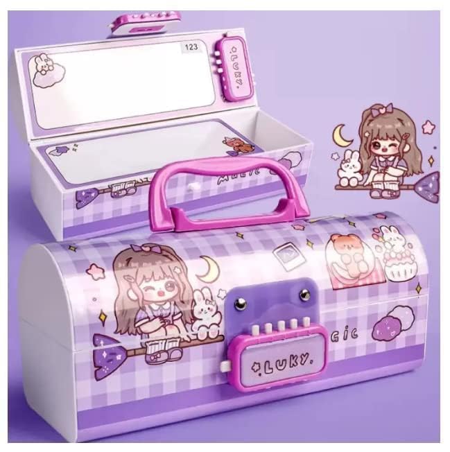 Image of WORSHIPER New Cartoon Theme Pencil Box with Push Pull Eraser Set for Kids | Suitcase Style Password Lock Stationery Organizer | School Supplies Gift Combo for Boys & Girls (Lucky Purple + Eraser)